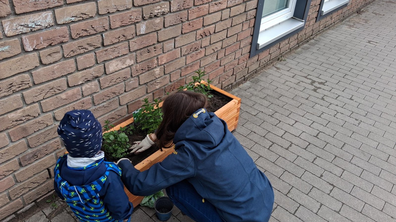 Kind und Erzieherin beim Bepflanze eines Hochbeets