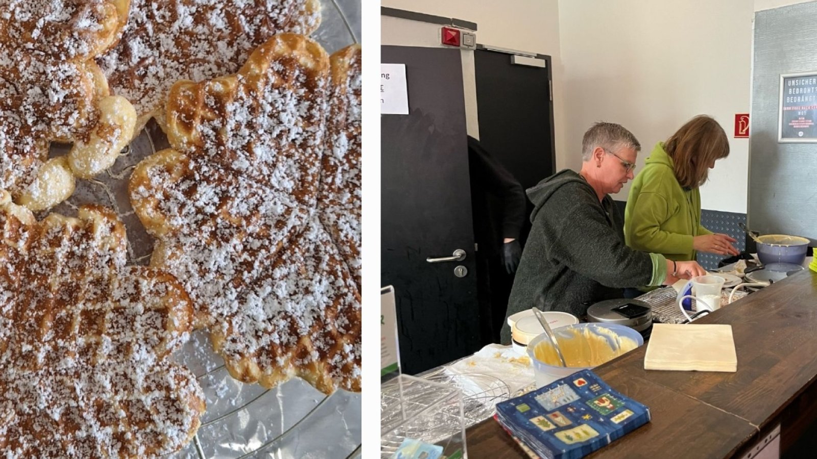 Links Waffeln, rechts zwei Personen beim Waffeln backen. 