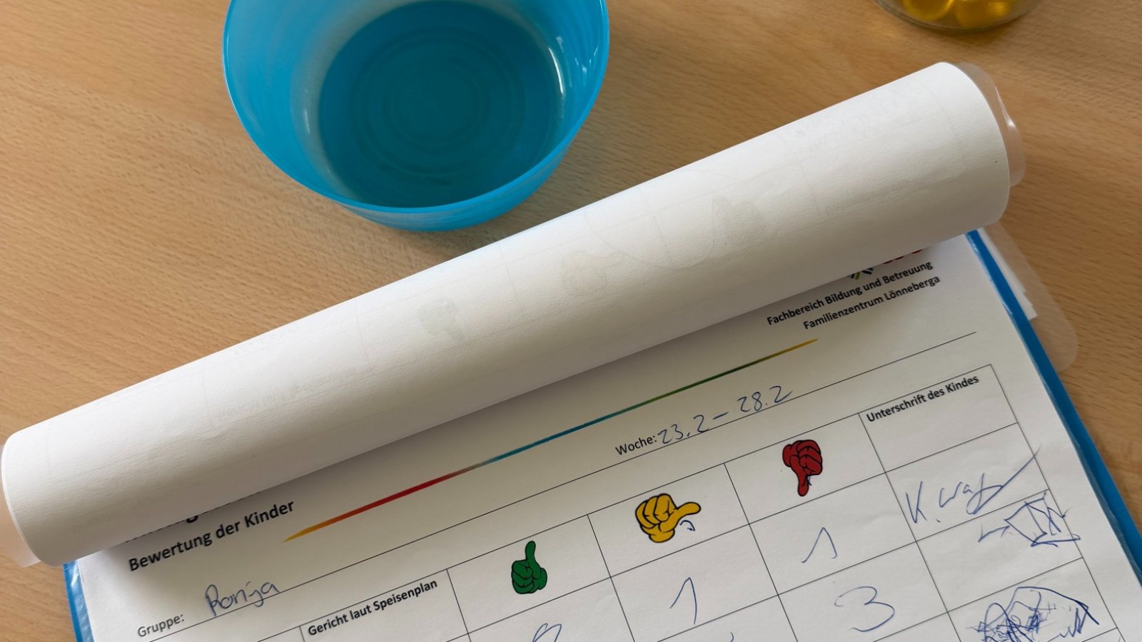 Bewertungsbogen zum Essen ausgefüllt