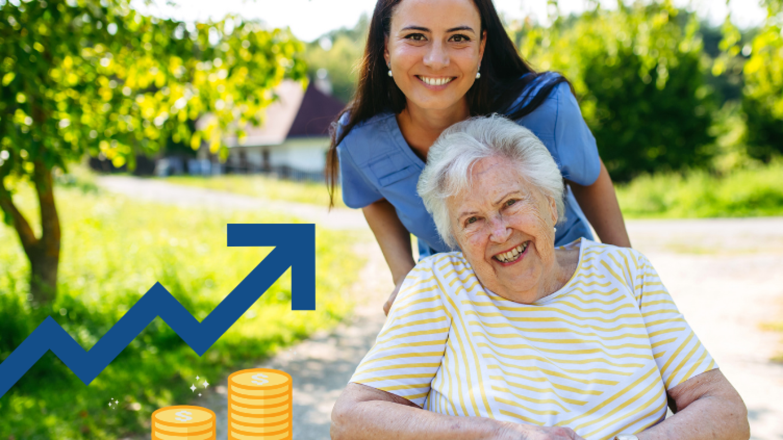 Frau schiebt ältere Frau im Rollstuhl