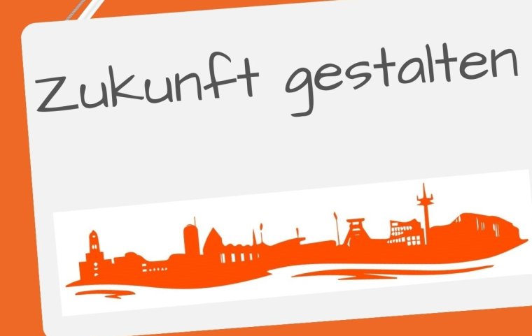 Skyline von Essen mit Schriftzug: Zukunft gestalten