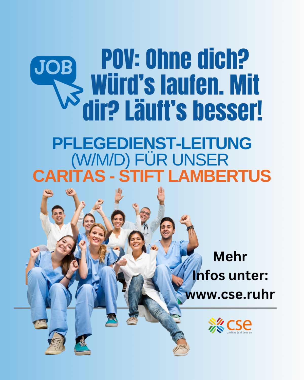 sharepic für eine Stellenanzeige als Pfegedienstleitung im Caritas-Stift Lambertus, junges Teams als Pflegekräften